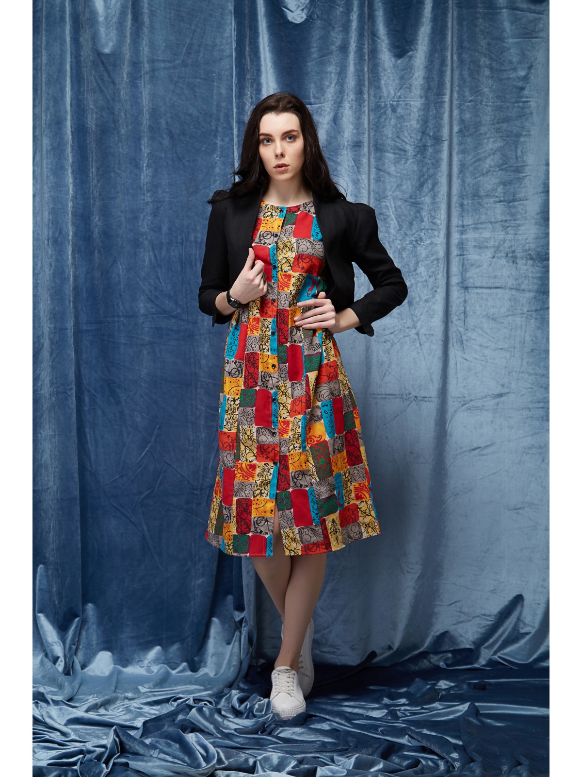 Sophisticated Multi Colored Long Shirt Dress With Elegant Jacket 